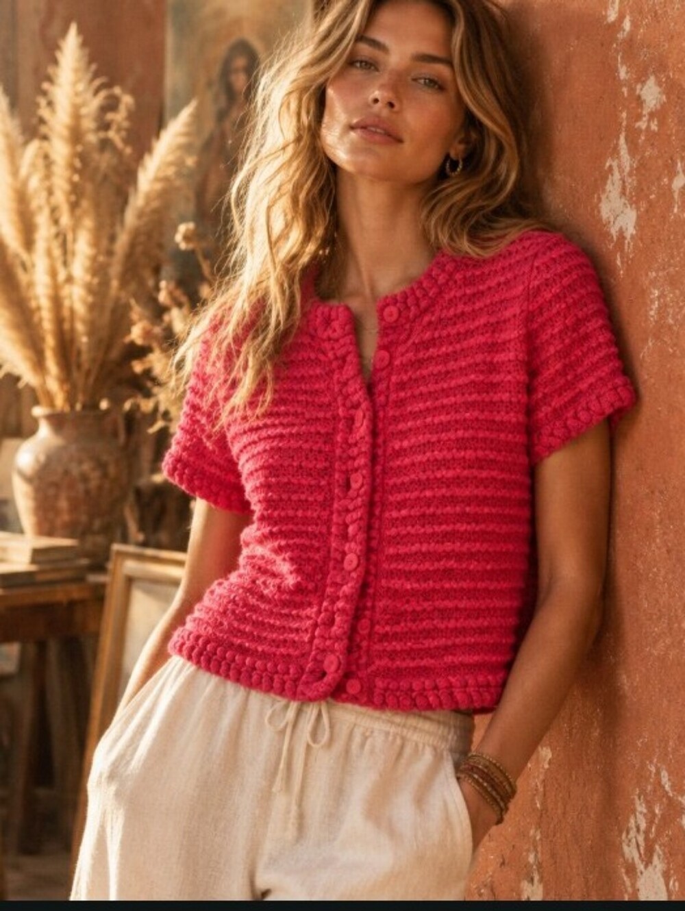J.Crew Crochet Short-Sleeve Cardigan Pink Medium